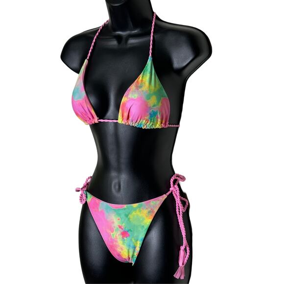 New Small Paste Tie Dye Rainbow Brazilian Bikini Swimsuit Side Tie Triangle Rave - Picture 2 of 5